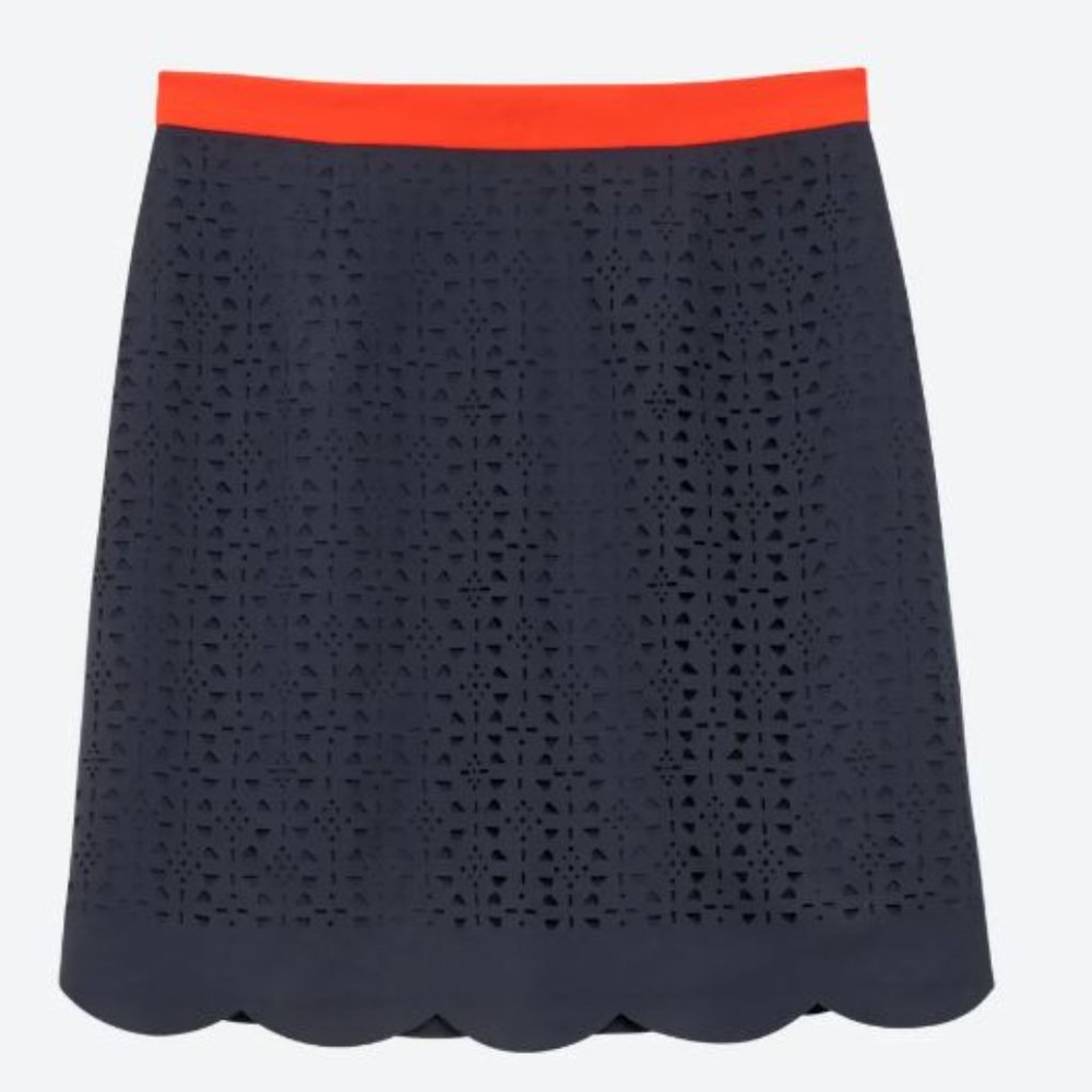 Pixley Navy Laser-Cut Pencil Skirt with Red Waistband